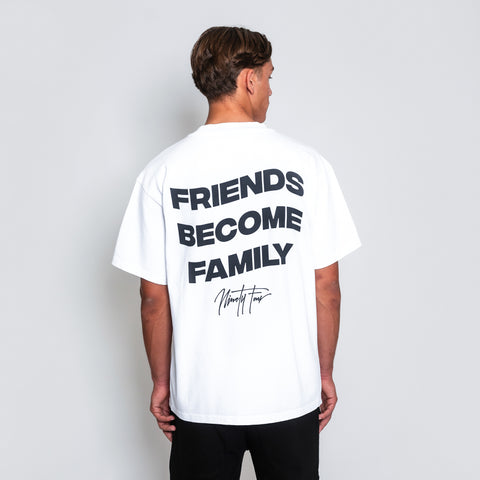 The FBF AUTHENTIC T-SHIRT, crafted from premium-grade white cotton jersey. Our signature quote, 'Friends Become Family', adorns the back, symbolizing the bonds that unite us.