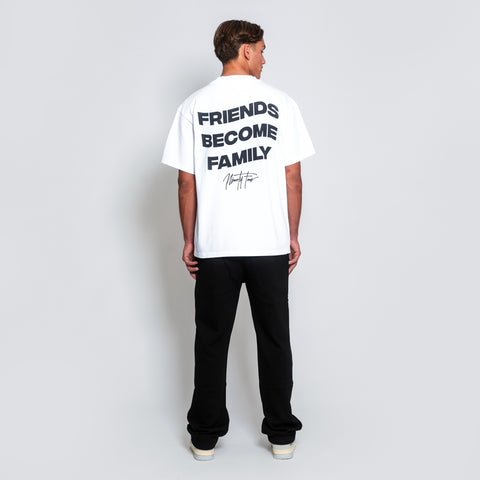 The FBF AUTHENTIC T-SHIRT, crafted from premium-grade white cotton jersey. Our signature quote, 'Friends Become Family', adorns the back, symbolizing the bonds that unite us.