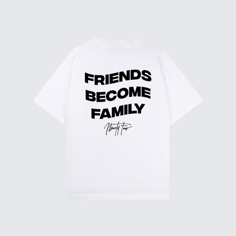 The FBF AUTHENTIC T-SHIRT, crafted from premium-grade white cotton jersey. Our signature quote, 'Friends Become Family', adorns the back, symbolizing the bonds that unite us.