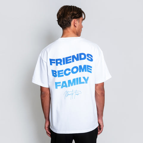 The FBF Ocean T-shirt, crafted from premium-grade white cotton jersey, embodies the spirit of friendship and camaraderie with its signature gradient logo in shades of blue. Our signature quote, 'Friends Become Family', adorns the back, symbolizing the bonds that unite us.