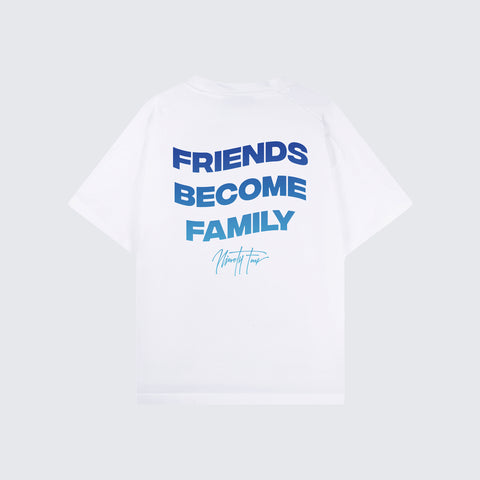 The FBF Ocean T-shirt, crafted from premium-grade white cotton jersey, embodies the spirit of friendship and camaraderie with its signature gradient logo in shades of blue. Our signature quote, 'Friends Become Family', adorns the back, symbolizing the bonds that unite us.