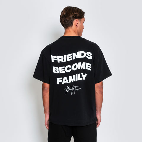 The FBF STUDIOS T-SHIRT, crafted from premium-grade black cotton jersey. Our signature quote, 'Friends Become Family', adorns the back, symbolizing the bonds that unite us.