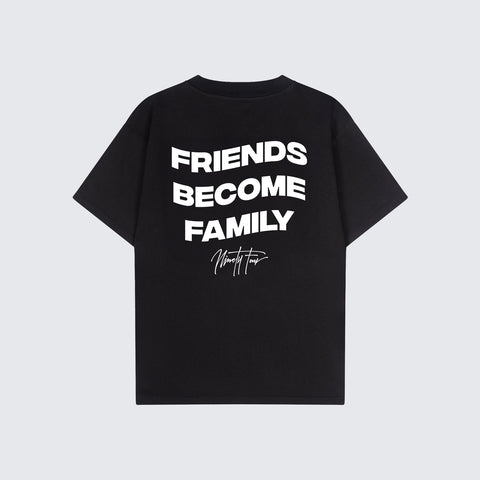 The FBF STUDIOS T-SHIRT, crafted from premium-grade black cotton jersey. Our signature quote, 'Friends Become Family', adorns the back, symbolizing the bonds that unite us.