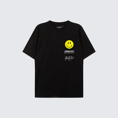 The Hundredboyz HB SHANE T-SHIRT, crafted from premium black cotton for ultimate comfort and durability. Featuring our signature smiley logo in vibrant yellow, paired with the fundamental HUNDREDBOYZ logo and our Ninetyfour signature logo in white.