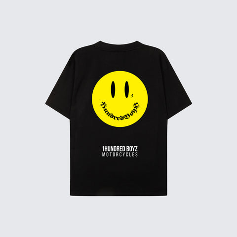 The Hundredboyz HB SHANE T-SHIRT, crafted from premium black cotton for ultimate comfort and durability. Featuring our signature smiley logo in vibrant yellow, paired with the fundamental HUNDREDBOYZ logo and our Ninetyfour signature logo in white.